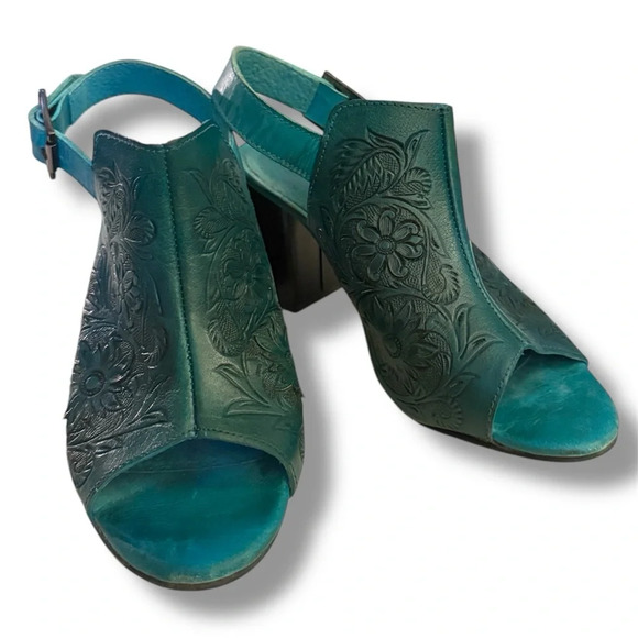 Roper Shoes - ROPER women’s turquoise leather Mika peep toe heels size 6 1/2 Western